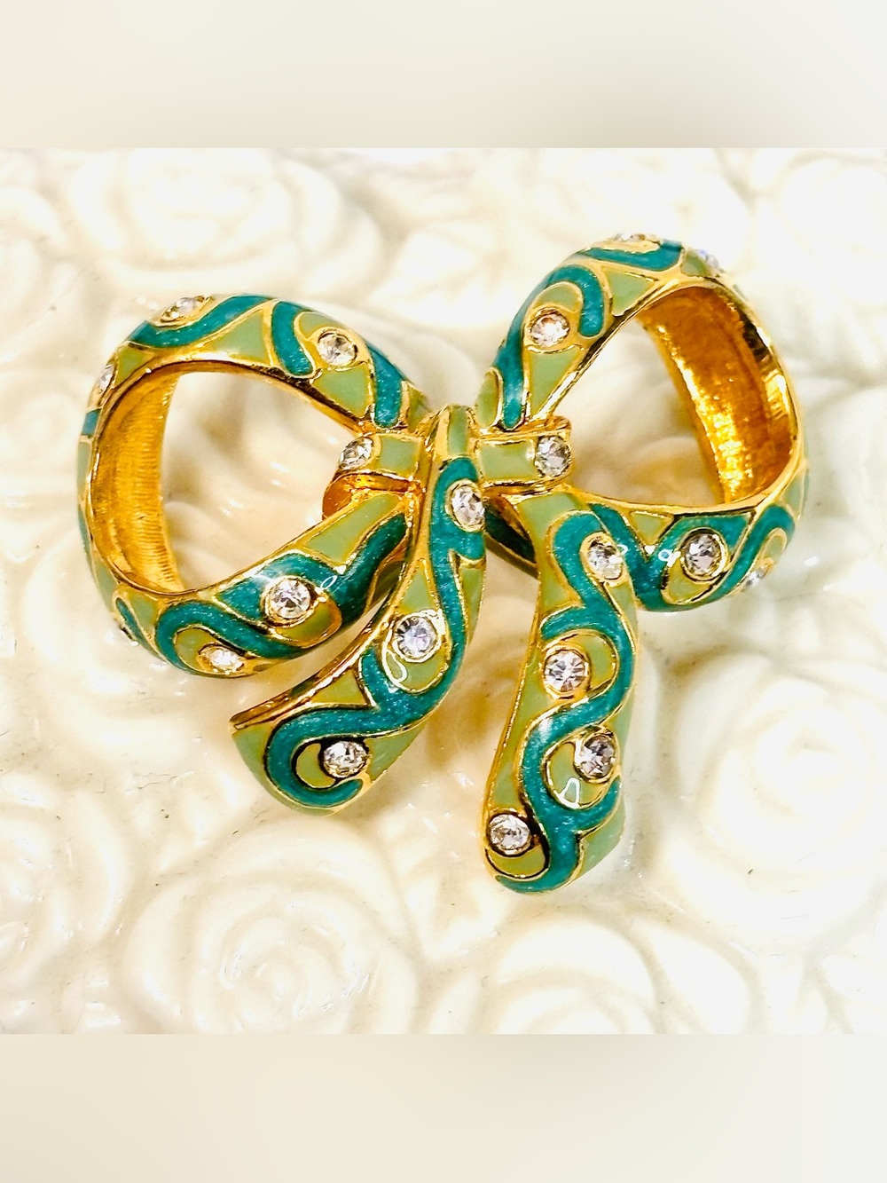 Nolan Miller Scarf Slide Teal and Green Enamel Gold Tone Rhinestone Bow
